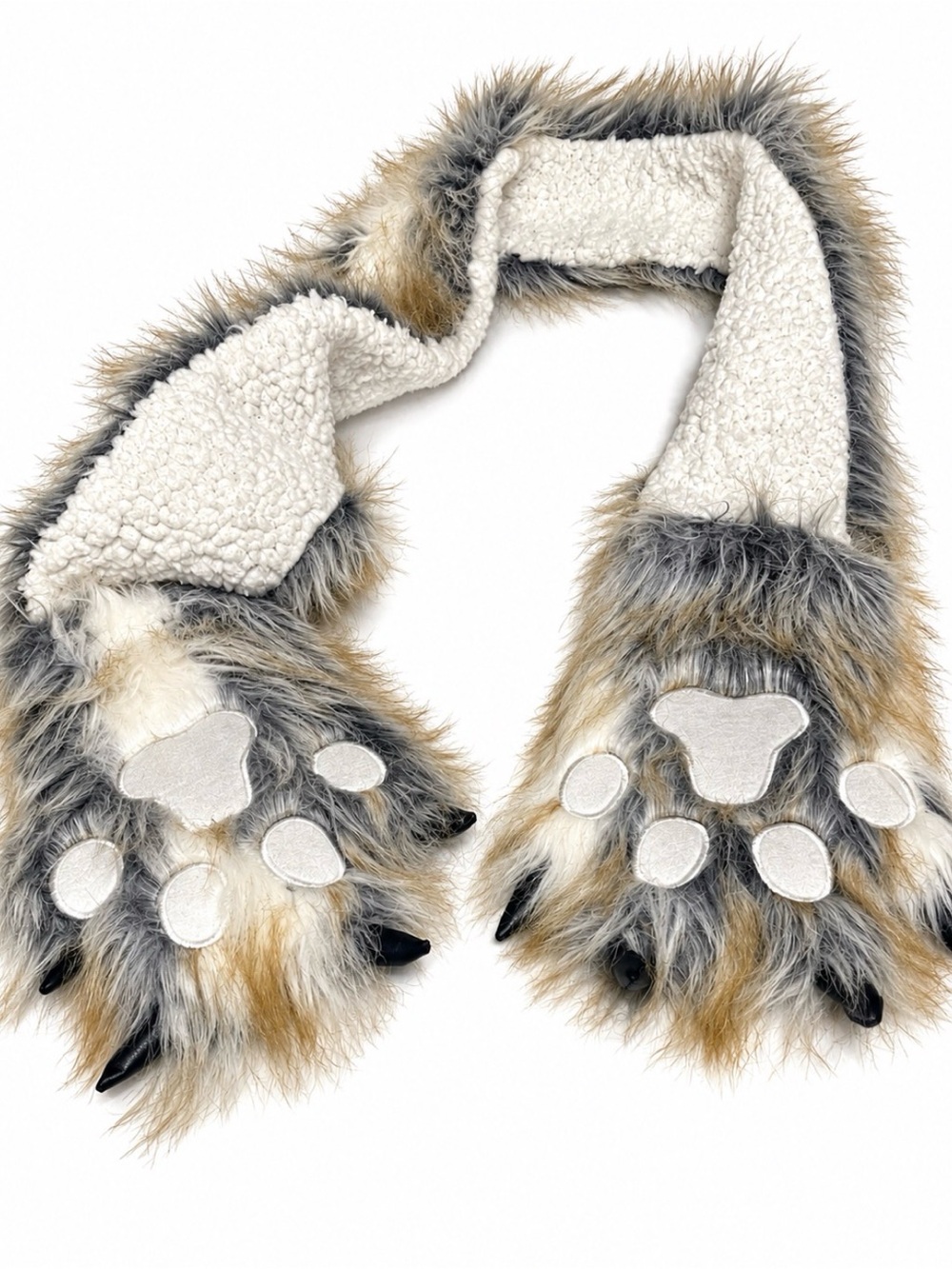 Plush Faux Fur Paw Glove Sherpa Scarf in Gray and Cream